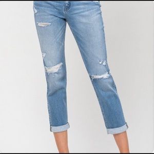 Flying Monkey Distressed Cuffed Stretch Boyfriend Jeans  (Riptide)